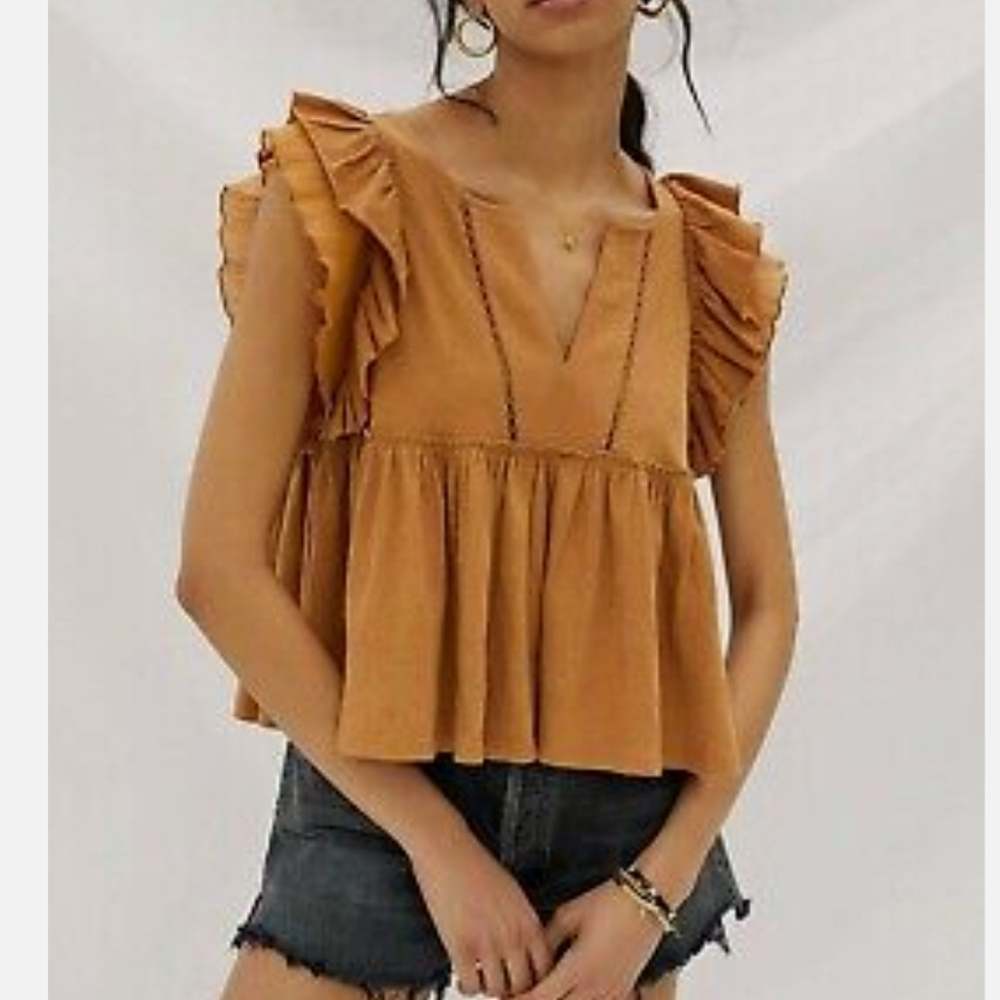 Anthropologie Ruffled Tan Blouse